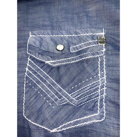 The Buckle Black Blue Denim Long Sleeve Pearl Snap Shirt Embroidered Lt Weight L - Picture 5 of 7